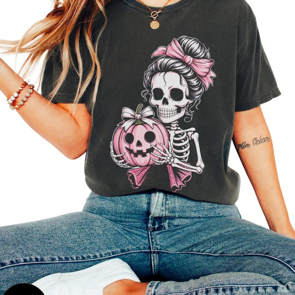 Skeleton T-Shirt Cute Coquette Bow Halloween Graphic Tee Gift For Her